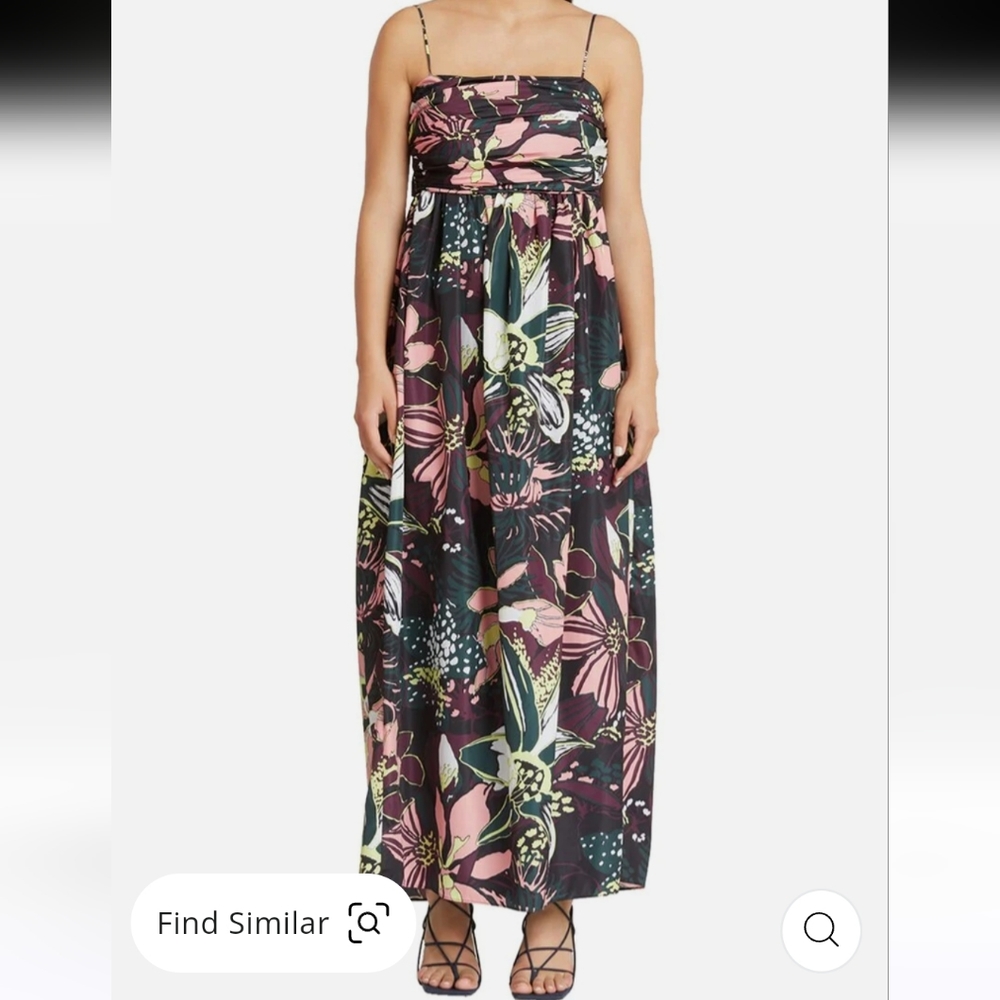 Tanya Taylor Black Floral Maxi Dress with Pink and Green Accents